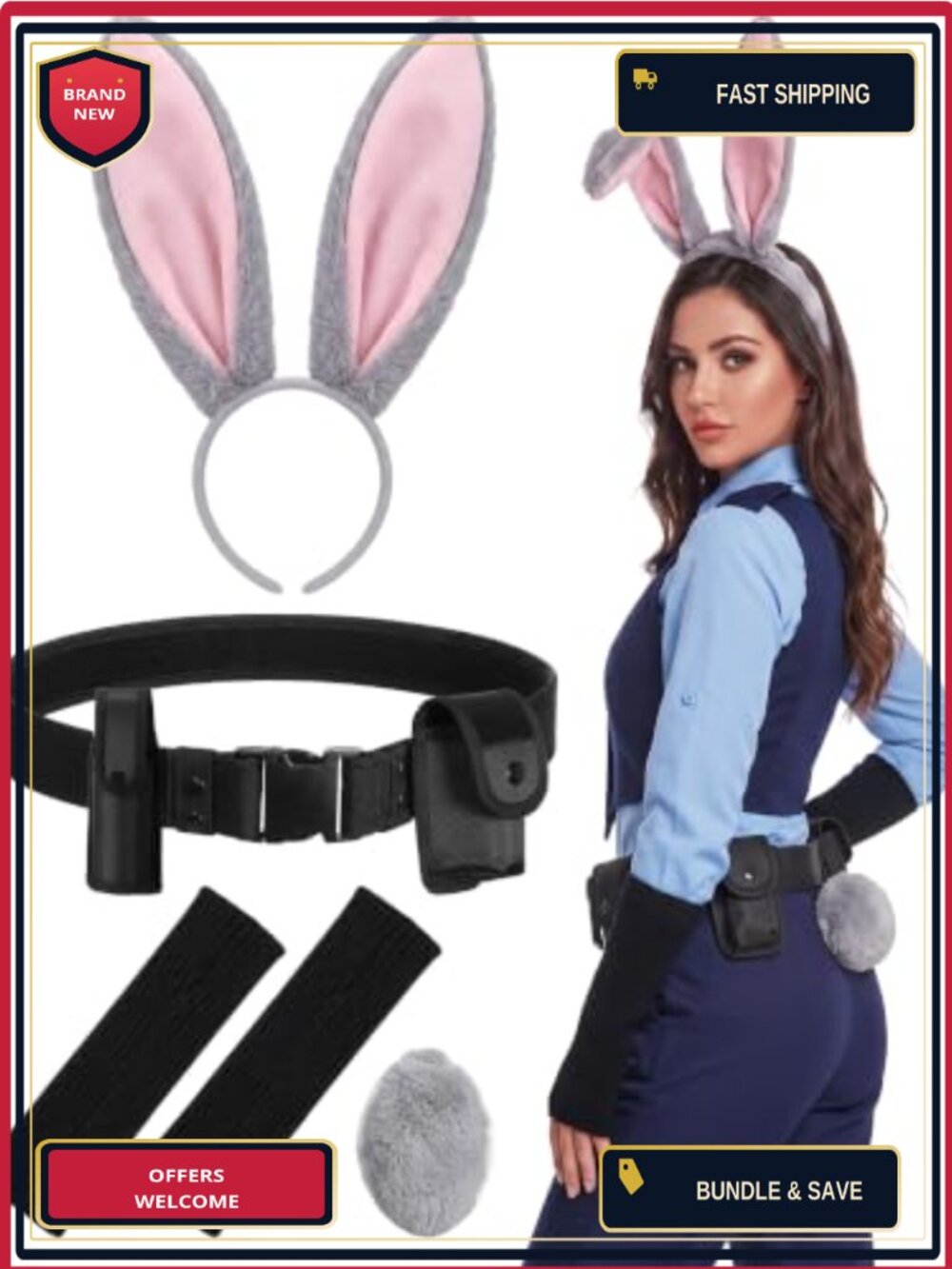 Bunny Police Costume Accessory Set Faux Fur Headband Tail Gloves Belt